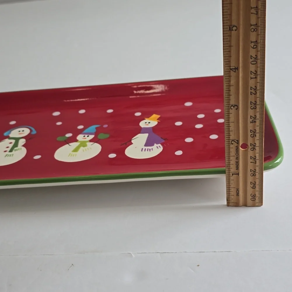 Pier 1 Retired Snowman Family Serving Platter Handpainted Dolomite Red 18.5